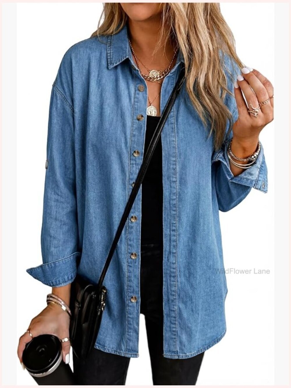 Womens Button Down Denim Shirt Long Sleeve Oversized Jean Blouse Cotton Summer